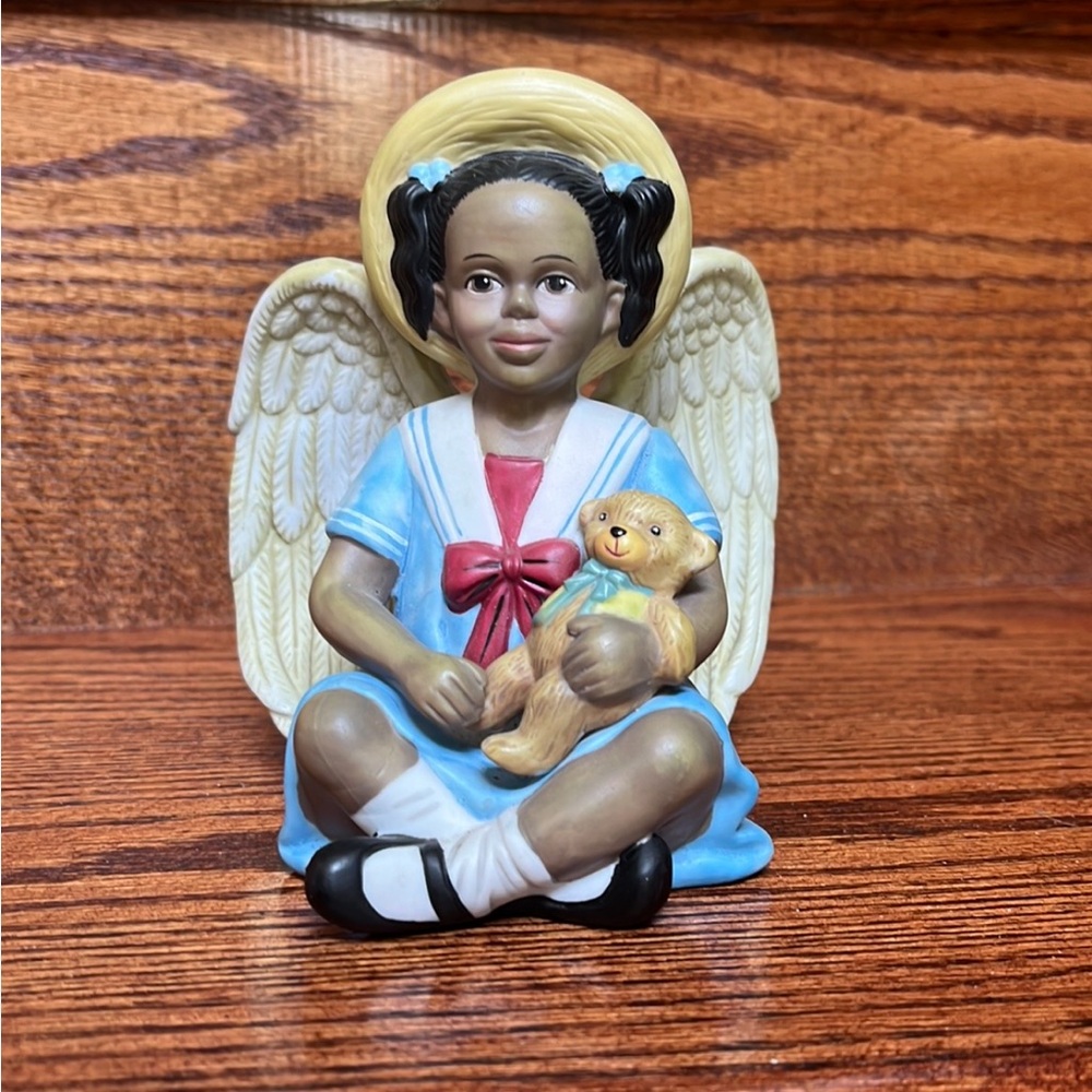 Ceramic Figurine African American Little Girl Angel and Teddy Bear